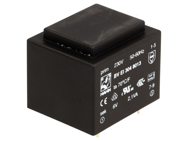 Transformator: ingegoten; 2,1VA; 230VAC; 6V; 350mA; PCB; BVEI Transformator: ingegoten; 2,1VA; 230VAC; 6V; 350mA; PCB; BVEI